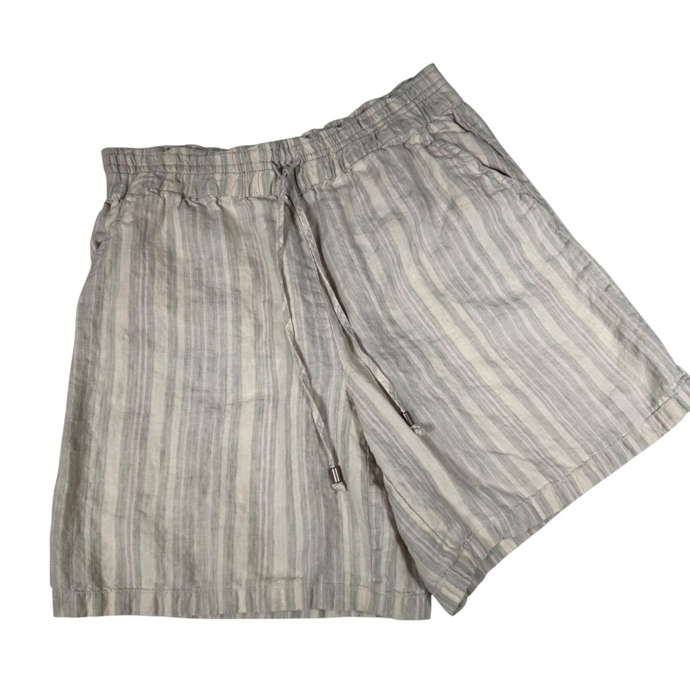 Anthropologie Striped Linen Shorts Tan Gray Pink Drawstring Elastic Waist‎ Small